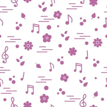 Seamless pattern of notes, flowers, leaves. 스톡 일러스트