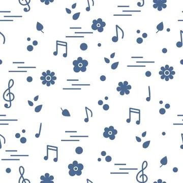 Seamless pattern of notes, flowers, leaves. 스톡 일러스트