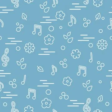 Seamless pattern of notes, flowers, leaves. 스톡 일러스트