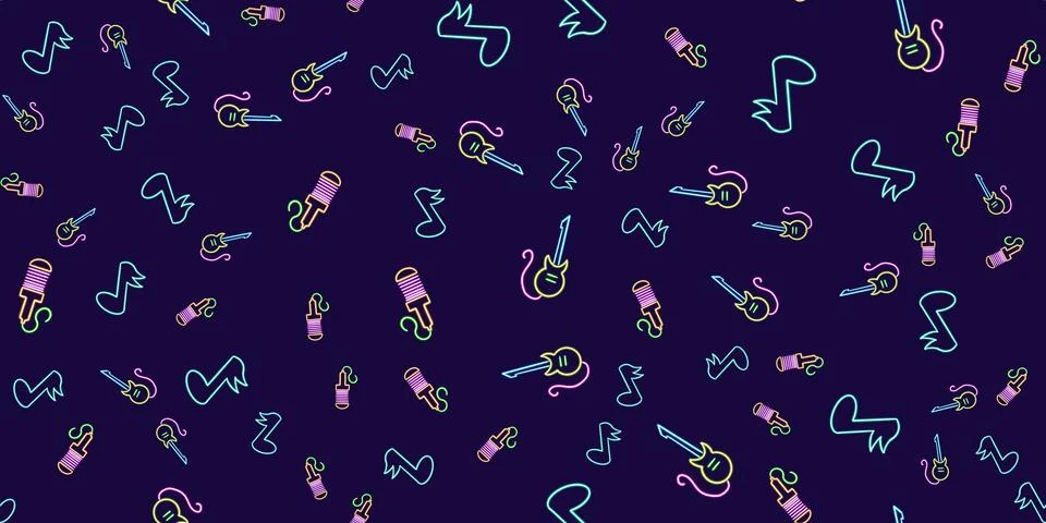 Seamless pattern notes, sounds music glowing desktop icon, neon guitar sticker Illustrazione stock
