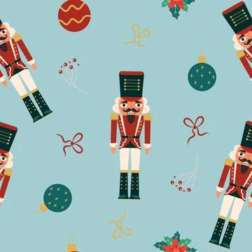 Seamless pattern with nutcracker and Christmas decorations. Vector illustration. Illustrazione stock