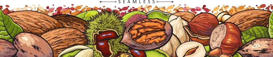 Seamless pattern with nuts and leaves sketch vector illustration isolated. Illustrazione stock