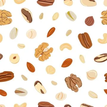 Seamless pattern of nuts and seeds. Kitchen, cooking print. Stock Illustration