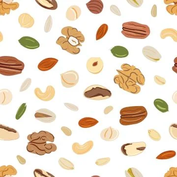 Seamless pattern of nuts and seeds. Kitchen, cooking print. Stock Illustration