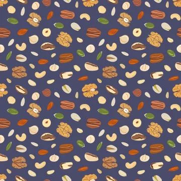 Seamless pattern of nuts and seeds. Kitchen, cooking print. Stock Illustration
