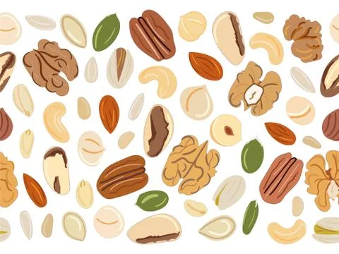 Seamless pattern of nuts and seeds. Kitchen, cooking print. Stock Illustration