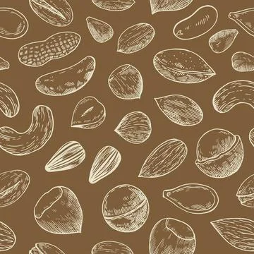Seamless pattern with nuts and seeds. Sketch drawing in engraving style. Ve.. Illustrazione stock