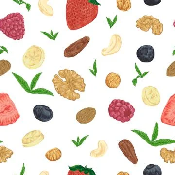 Seamless pattern with nuts, berries and mint leaves. Illustrazione stock