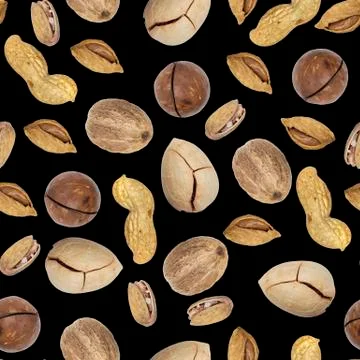 Seamless pattern. Nuts on a black background, top view, flat lay. Foto stock