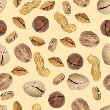 Seamless pattern of nuts close-up on a beige background, top view, flat lay. Foto stock