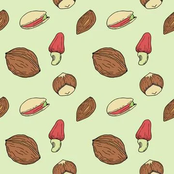 Seamless pattern with Nuts hand drawn doodle - walnut, hazelnut, almond and Stock Illustration