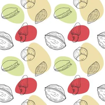 Seamless pattern with Nuts hand drawn doodle - walnut, hazelnut, almond and Stock Illustration