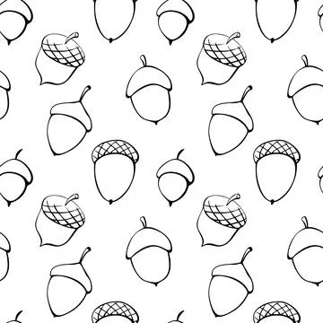 Seamless pattern with oak acorns. Vector autumn texture in doodle style, blac Illustrazione stock