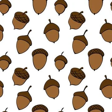Seamless pattern with oak acorns. Vector color texture in doodle flat style.  イラスト素材