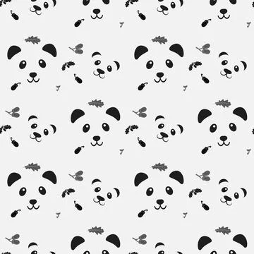 Seamless pattern with oak leaf acorn and pandas. Vector illustration. Stock Illustration
