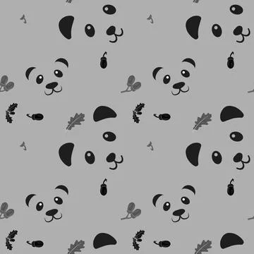 Seamless pattern with oak leaf acorn and pandas on dark background. Vector .. Stock Illustration