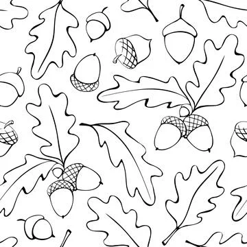 Seamless pattern with oak leaves, acorns. Vector autumn texture isolated, han Stock Illustration