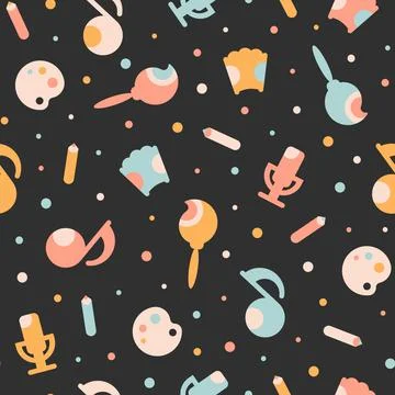 Seamless Pattern from Objects of Creativity on a Dark Background. Brush, Palette Stock Illustration