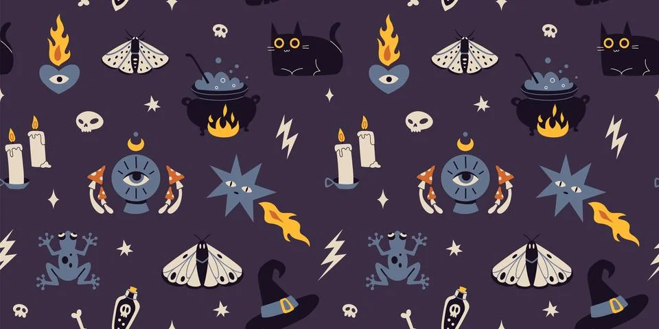 Seamless pattern with occult things, cartoon style. Witchcraft, withcore ae.. Stock Illustration