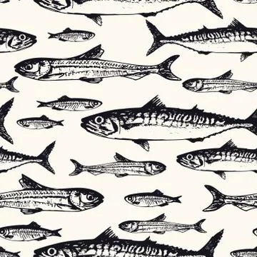 Seamless pattern with ocean and sea fishes in sketchy style. Vector illustration Stock Illustration