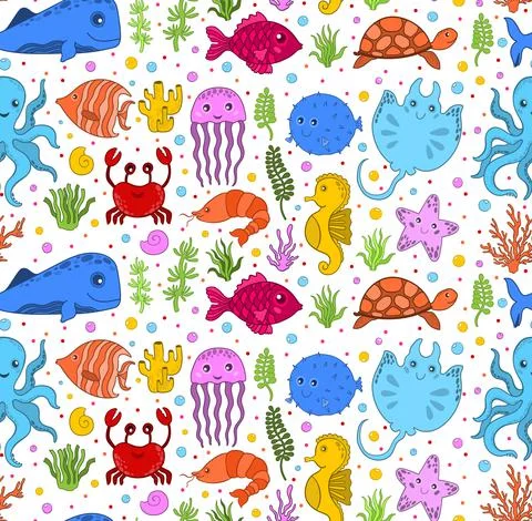 Seamless pattern ocean animal.Sea wildlife underwater.Background cartoon style. Stock Illustration