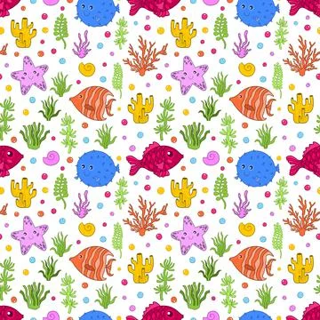 Seamless pattern ocean animal.Sea wildlife underwater.Background cartoon style. Stock Illustration