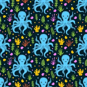Seamless pattern ocean animal.Sea wildlife underwater.Background cartoon style. Stock Illustration