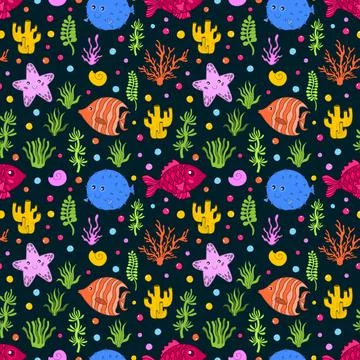 Seamless pattern ocean animal.Sea wildlife underwater.Background cartoon style. Stock Illustration