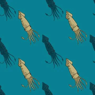 Seamless pattern in ocean minimalistic style with doodle squids and blue back Stock Illustration
