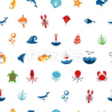 Seamless pattern ocean or sea with with animals and fish, shellfish and Stock Illustration