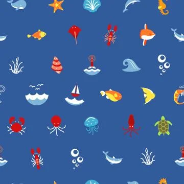 Seamless pattern ocean or sea with with animals and fish, shellfish and Stock Illustration