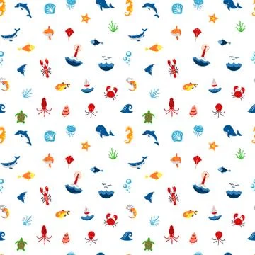 Seamless pattern ocean or sea with with animals and fish, shellfish and Stock Illustration