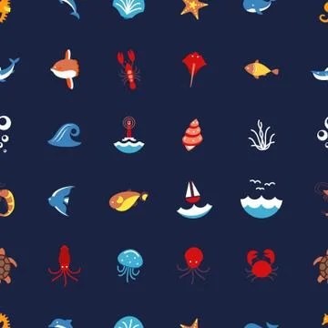 Seamless pattern ocean or sea with with animals and fish, shellfish and Stock Illustration