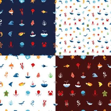 Seamless pattern ocean or sea with with animals and fish, shellfish and Stock Illustration