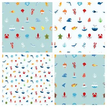 Seamless pattern ocean or sea with with animals and fish, shellfish and Illustrazione stock