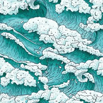 Seamless pattern with ocean water waves and splashes cartoon vector illustration Stock Illustration