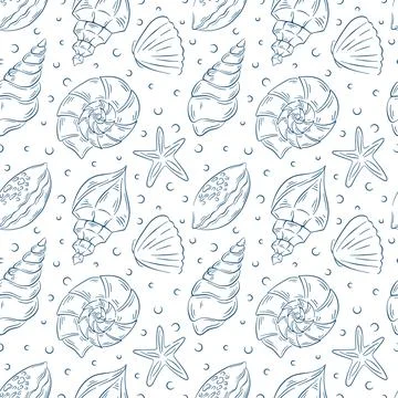 Seamless pattern with oceanic print of seashell in line art style. Hand drawn Illustrazione stock