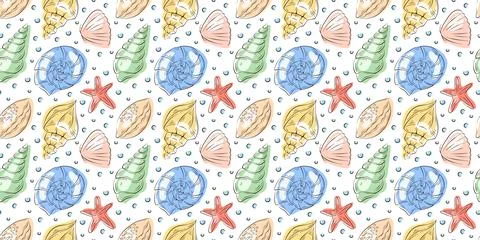 Seamless pattern with oceanic print of seashell in flat style. Sea design with Illustrazione stock