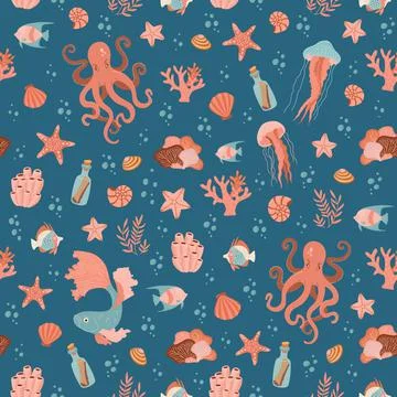 Seamless pattern with octopus, fish, jellyfish and shells on blue background Stock Illustration