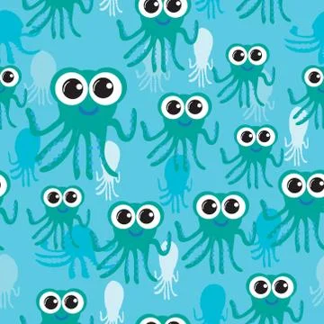 Seamless pattern octopus with large eyes flat design Stock Illustration