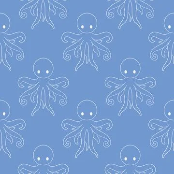 Seamless pattern with octopus in line art style floating in a repeating ocean Stock Illustration