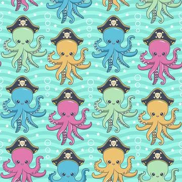 Seamless pattern with octopus-pirates. Vector Illustrazione stock