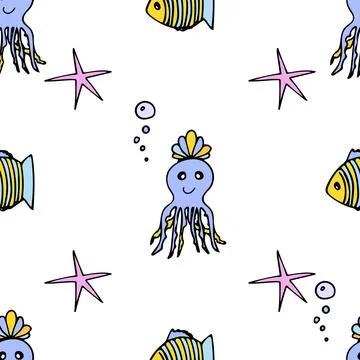 Seamless pattern with octopus in a shell crown, fish and starfish with bubbles. 스톡 일러스트