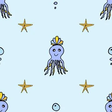 Seamless pattern with octopus in a shell crown and starfish with bubbles for Illustrazione stock