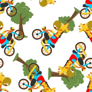 Seamless pattern ofcute giraffe ride a motorcycle, Stock Illustration