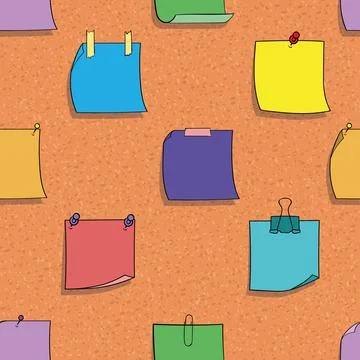 Seamless pattern with office notes on a corkboard background. Vector illustra 스톡 일러스트