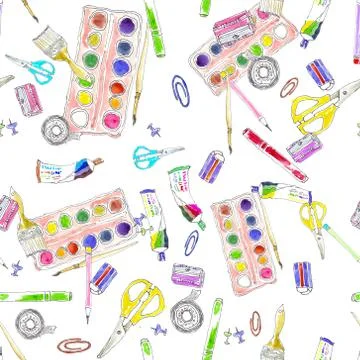 Seamless pattern office tools, watercolor hand drawn illustration. Back to sc Stock Illustration