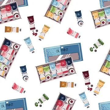 Seamless Pattern with Oil Paint Tubes and Wooden Box. Artist Supplies Design for Stock Illustration
