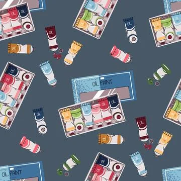 Seamless Pattern with Oil Paint Tubes and Wooden Box. Artist Supplies Design for Stock Illustration
