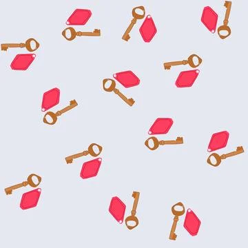 Seamless pattern old brass key with red blank tag for hotel room access 스톡 일러스트